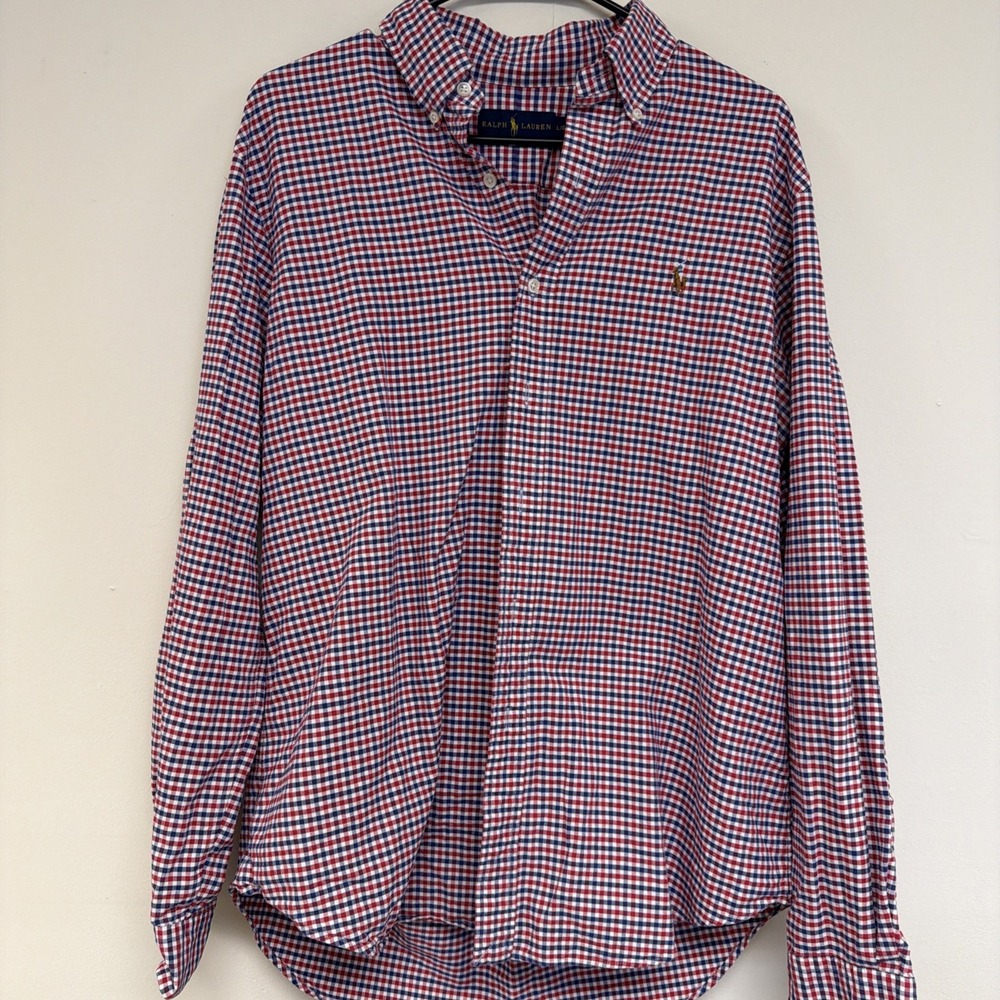 Polo Ralph Lauren Shirt Mens Large Red Blue Checks Long Sleeve Button Up